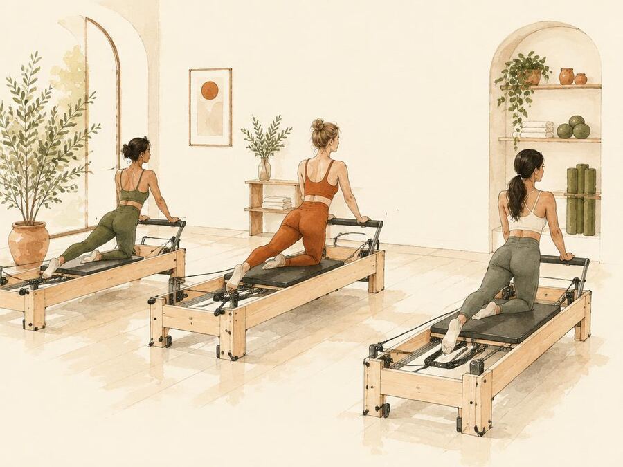 Illustration — trois femmes sur reformer dans un studio intimiste