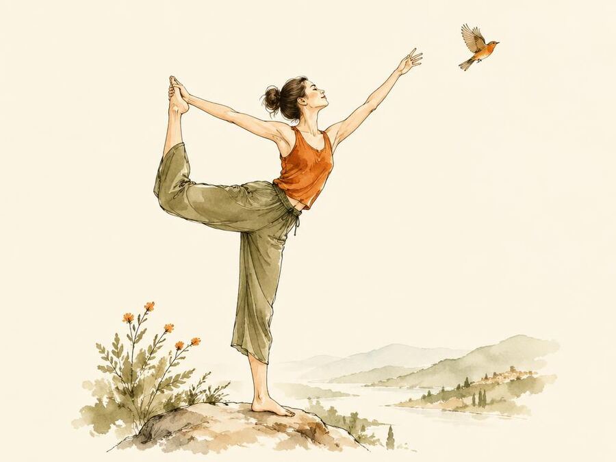 Illustration — une femme en équilibre, un oiseau qui s’envole
