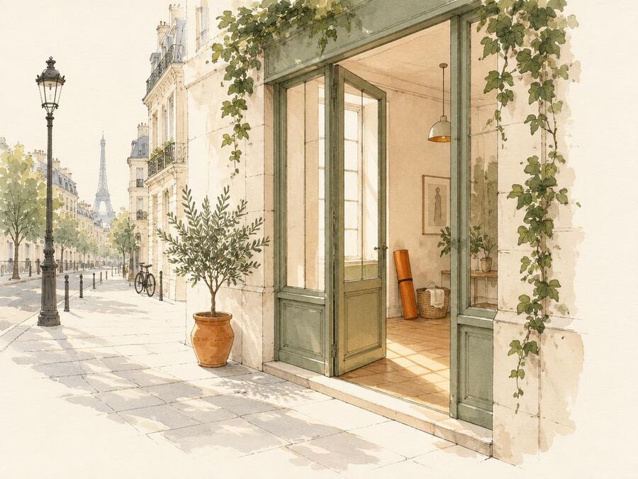 Illustration — l’entrée du studio dans la lumière du matin